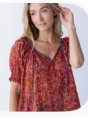 NATURAL LIFE Red Floral Peasant V-Neck Blouse
